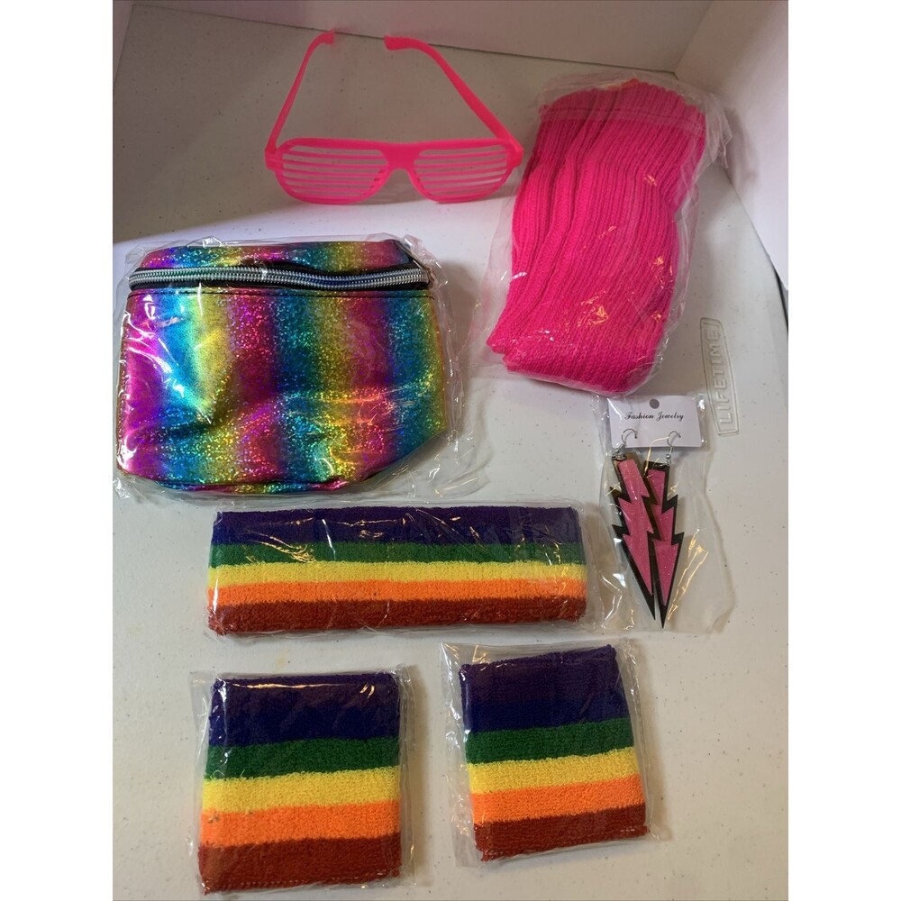 1980s Costume Theme Party Glasses Leg Warmers Fanny Pack Sweat Bands Earrings